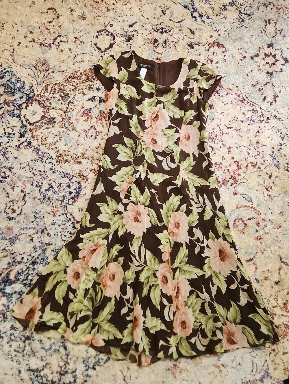90s Jones New York 100% Silk Floral Midi Dress Cap Sleeve Brown Pink Size 8